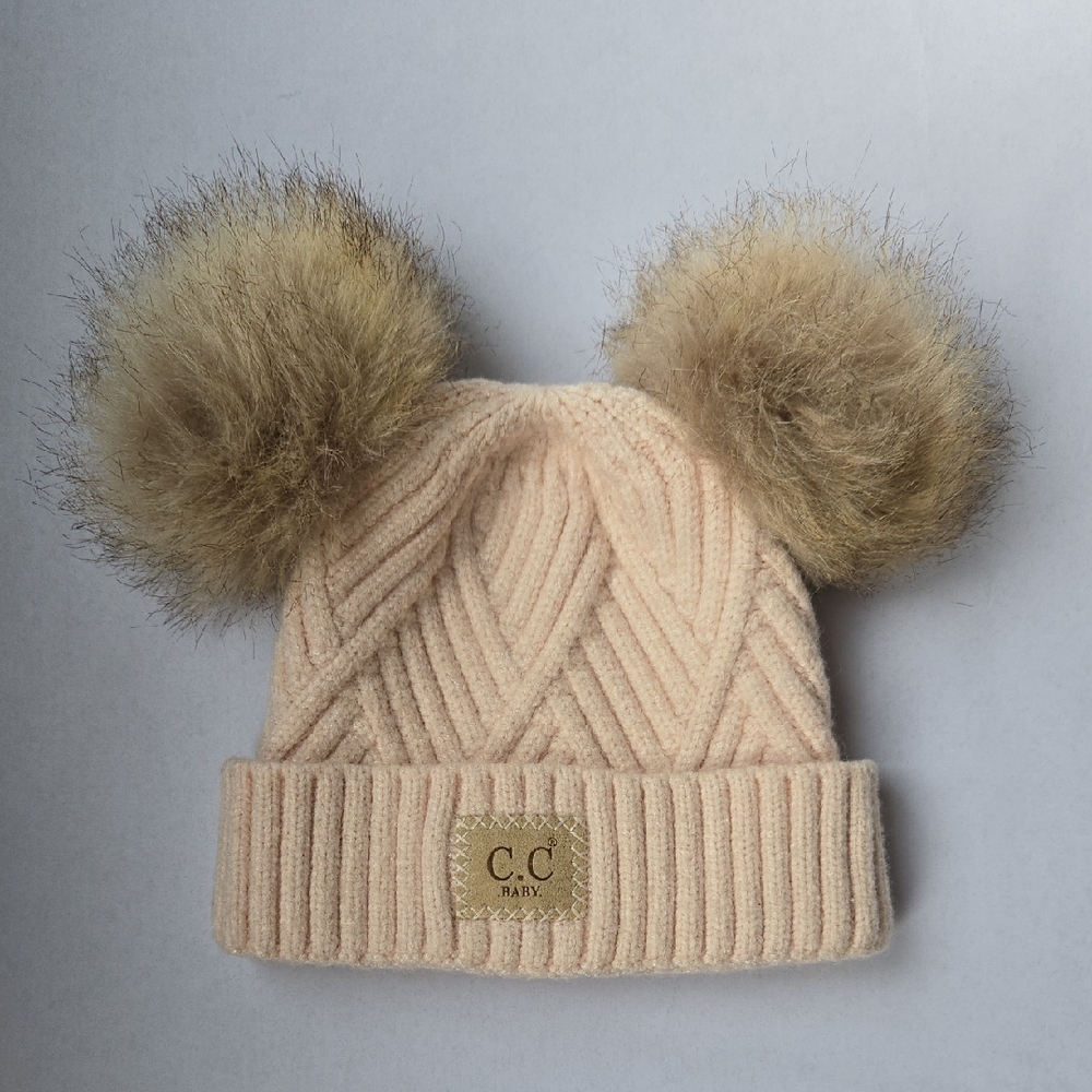 C.C Baby 0-9mo Beige/Pink Knit Hat with Fluffy Double Pom Poms